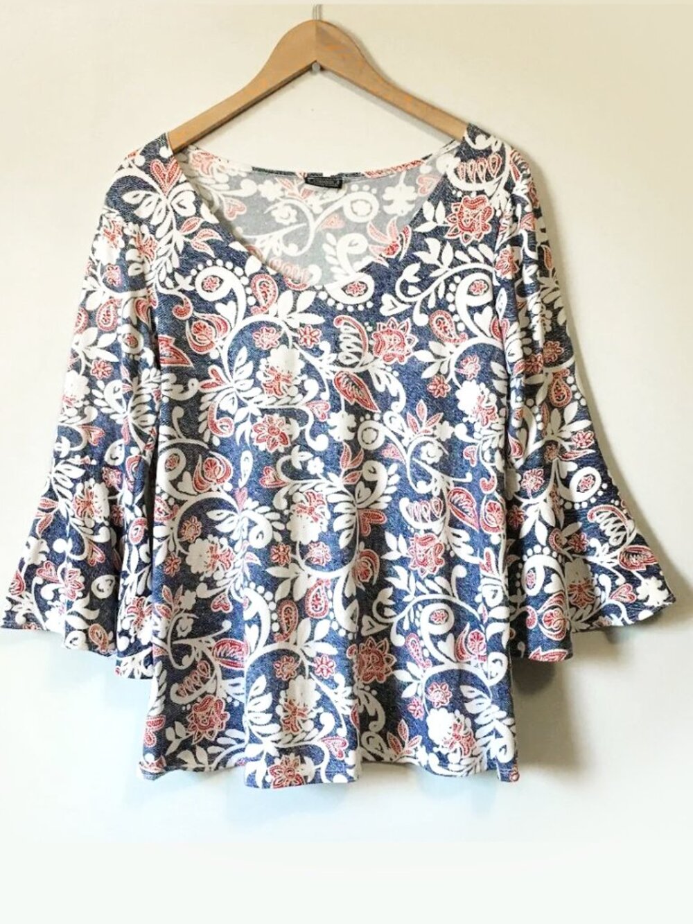 Clientele Red & Blue Paisley Denim Lace Print Bell Sleeve Top - M Canadian Chic